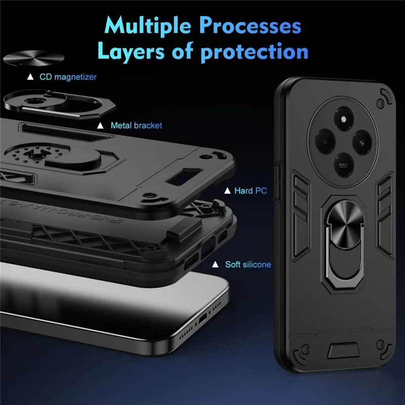 For Xiaomi Redmi A4 5G Case PC+TPU Drop Defend Phone Cover with Ring Kickstand - Black-Cellmalls