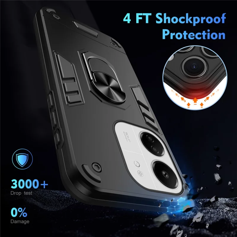 For Xiaomi Redmi 13C 5G / 13C 4G / 13R 5G / Poco C65 4G / Poco M6 5G Case PC+TPU Drop Defend Phone Cover with Ring Kickstand - Black-Cellmalls