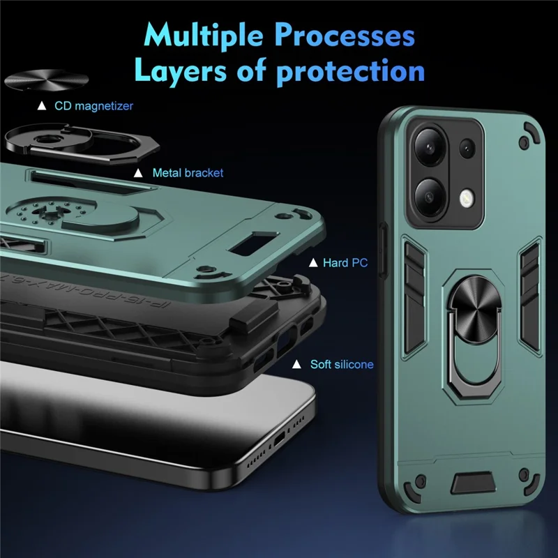 For Xiaomi Redmi Note 13 4G Case PC+TPU Shock-Absorption Phone Cover Support Magnetic Car Mount - Green-Cellmalls