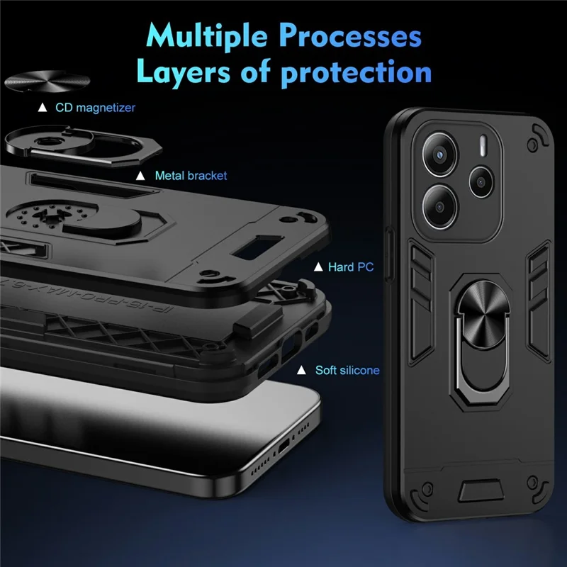 For Xiaomi Redmi Note 14 4G (164.84mm) Case PC + TPU Drop Defend Phone Cover with Ring Kickstand - Black-Cellmalls
