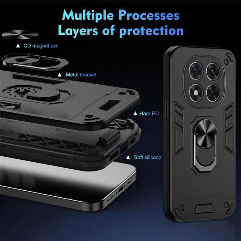 For Xiaomi Redmi Note 14 Pro 5G / Poco X7 5G Case PC+TPU Drop Defend Phone Cover with Ring Kickstand - Black-Cellmalls
