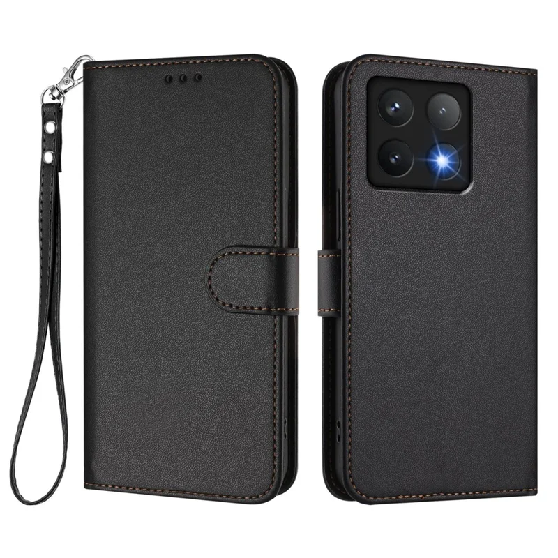 For Xiaomi 14T Leather Case Wallet Stand Phone Cover with Wrist Strap - Black-Cellmalls