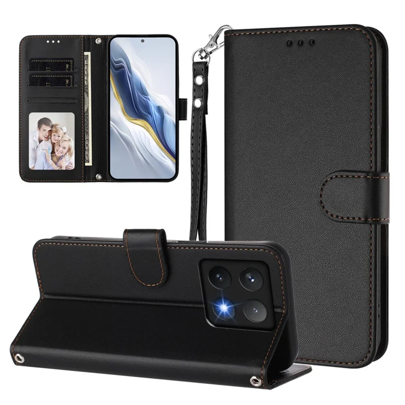 For Xiaomi 14T Leather Case Wallet Stand Phone Cover with Wrist Strap - Black-Cellmalls