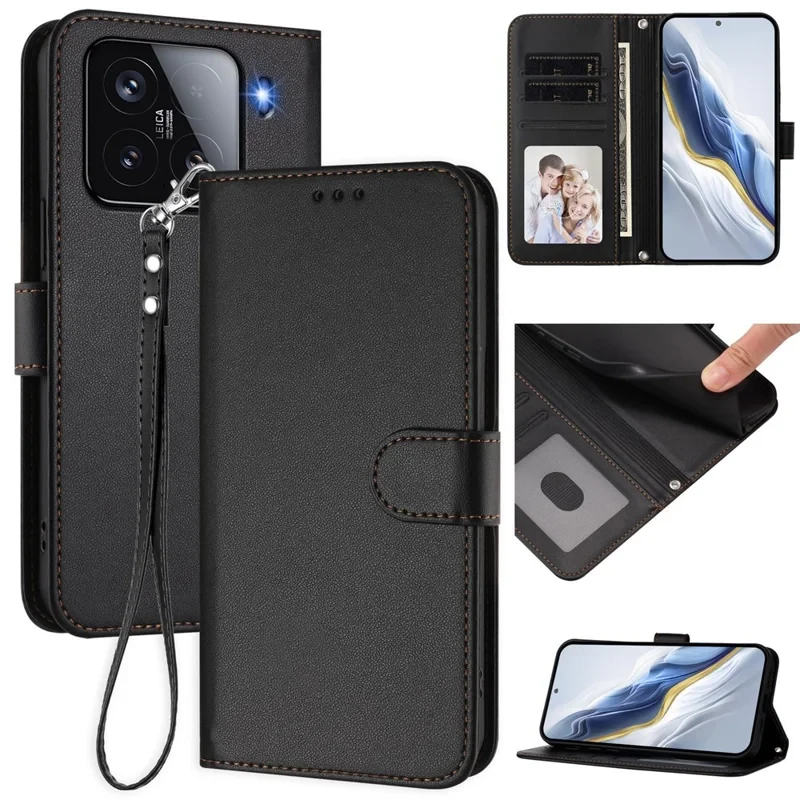 For Xiaomi 15 Leather Case Wallet Stand Phone Cover with Wrist Strap - Black-Cellmalls