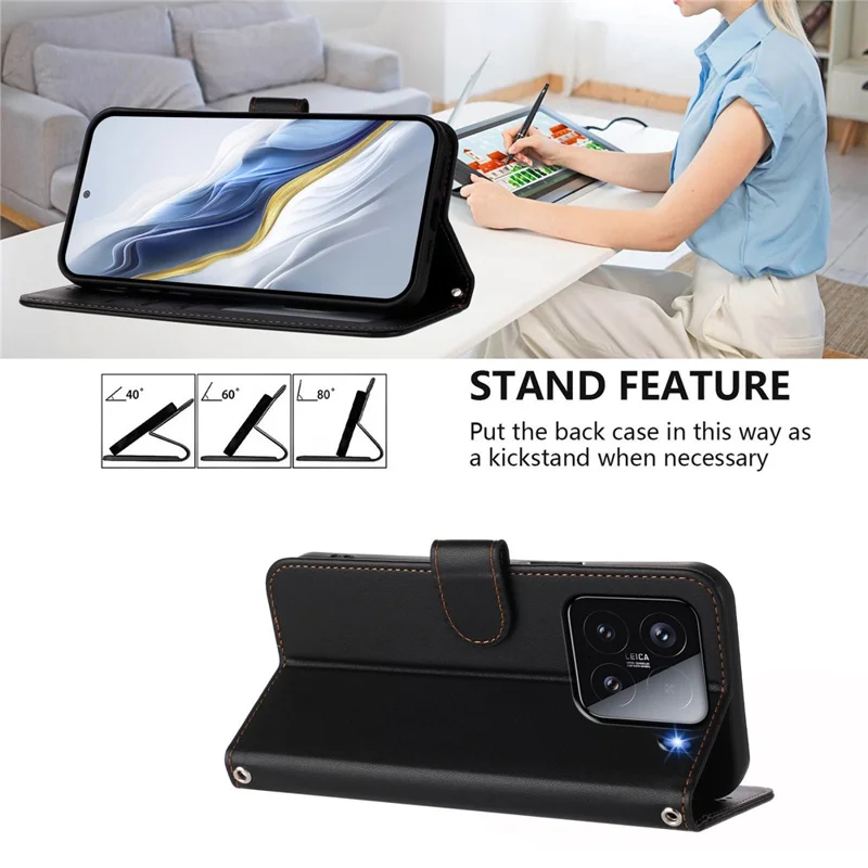 For Xiaomi 15 Leather Case Wallet Stand Phone Cover with Wrist Strap - Black-Cellmalls