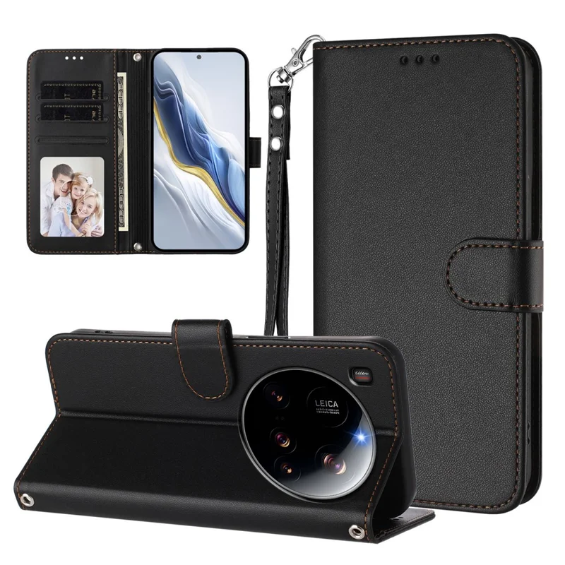 For Xiaomi 15 Ultra Leather Case Wallet Stand Phone Cover with Wrist Strap - Black-Cellmalls
