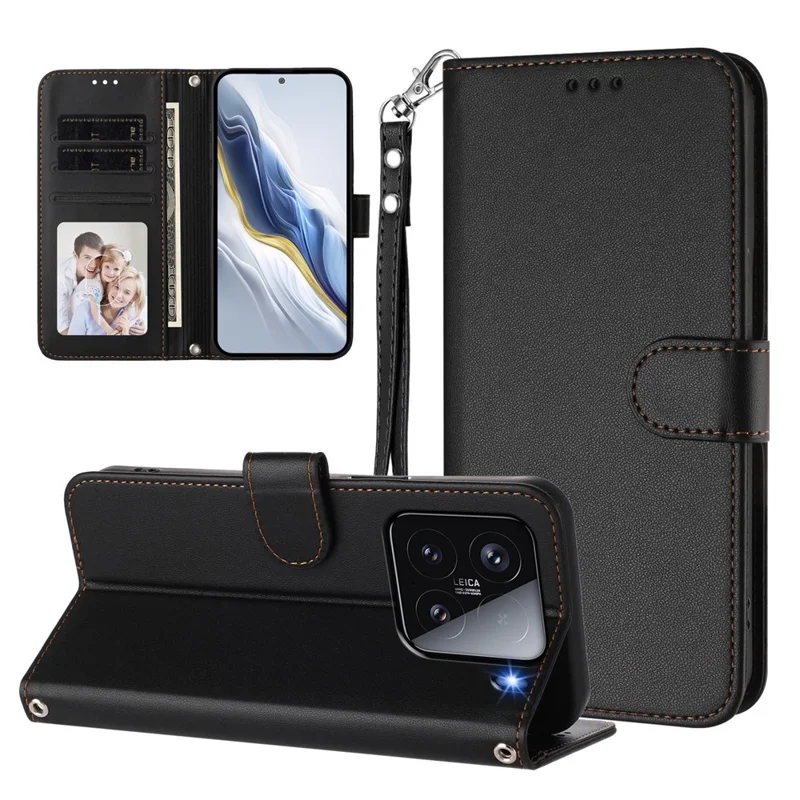 For Xiaomi 15 Leather Case Wallet Stand Phone Cover with Wrist Strap - Black-Cellmalls