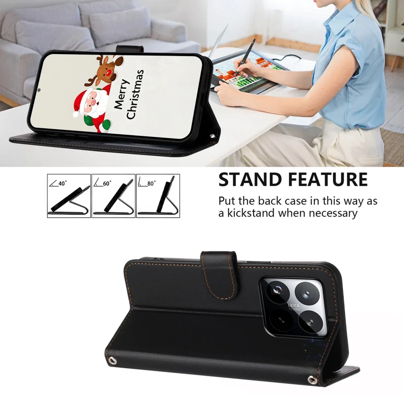 For Xiaomi 15T Leather Case Wallet Stand Phone Cover with Wrist Strap - Black-Cellmalls