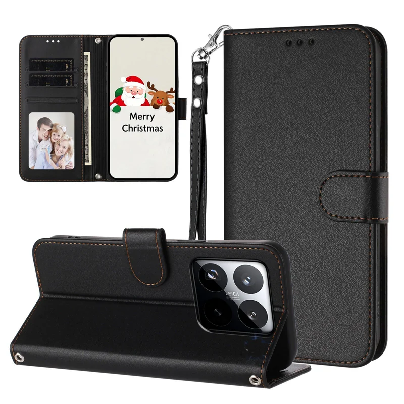 For Xiaomi 15T Leather Case Wallet Stand Phone Cover with Wrist Strap - Black-Cellmalls