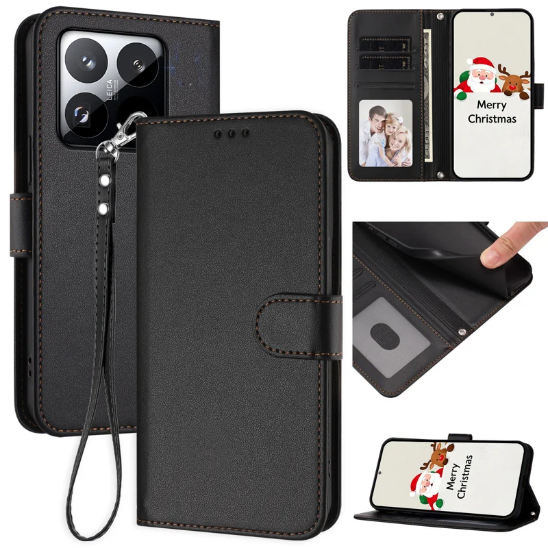 For Xiaomi 15T Leather Case Wallet Stand Phone Cover with Wrist Strap - Black-Cellmalls