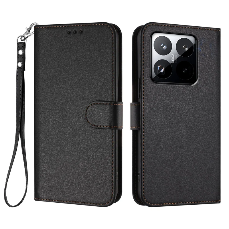For Xiaomi 15T Leather Case Wallet Stand Phone Cover with Wrist Strap - Black-Cellmalls