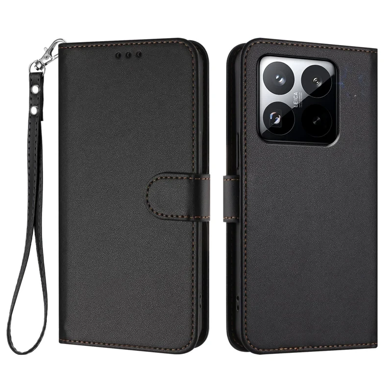 For Xiaomi 15T Leather Case Wallet Stand Phone Cover with Wrist Strap - Black-Cellmalls