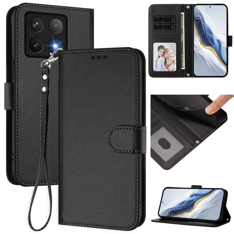 For Xiaomi 14T Leather Case Wallet Stand Phone Cover with Wrist Strap - Black-Cellmalls