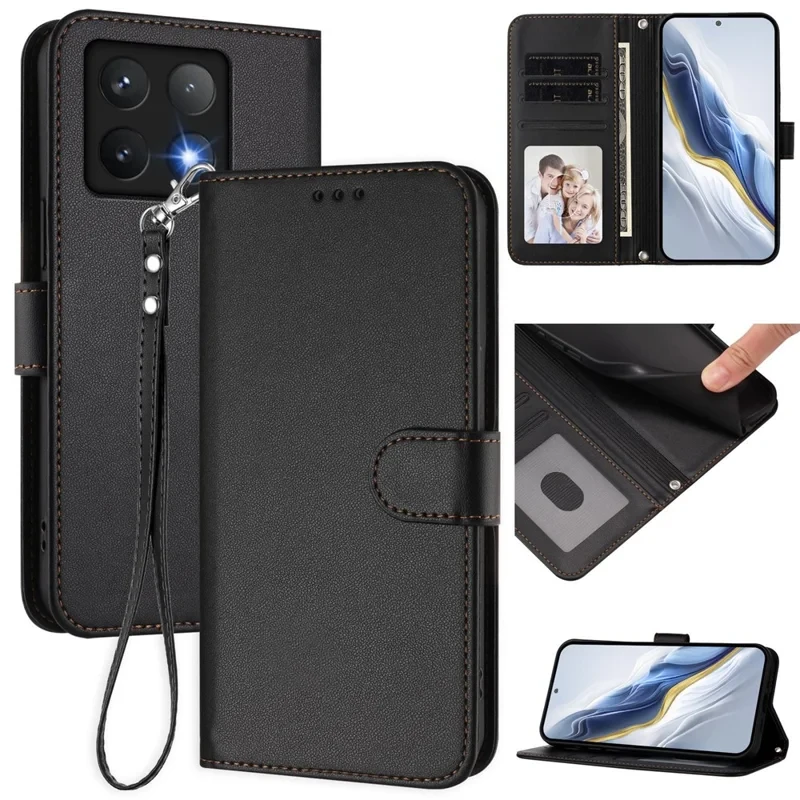 For Xiaomi 14T Leather Case Wallet Stand Phone Cover with Wrist Strap - Black-Cellmalls