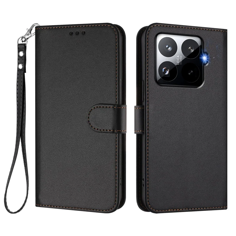 For Xiaomi 15T Pro Leather Case Wallet Stand Phone Cover with Wrist Strap - Black-Cellmalls