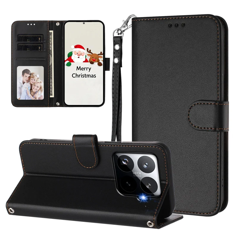 For Xiaomi 15T Pro Leather Case Wallet Stand Phone Cover with Wrist Strap - Black-Cellmalls