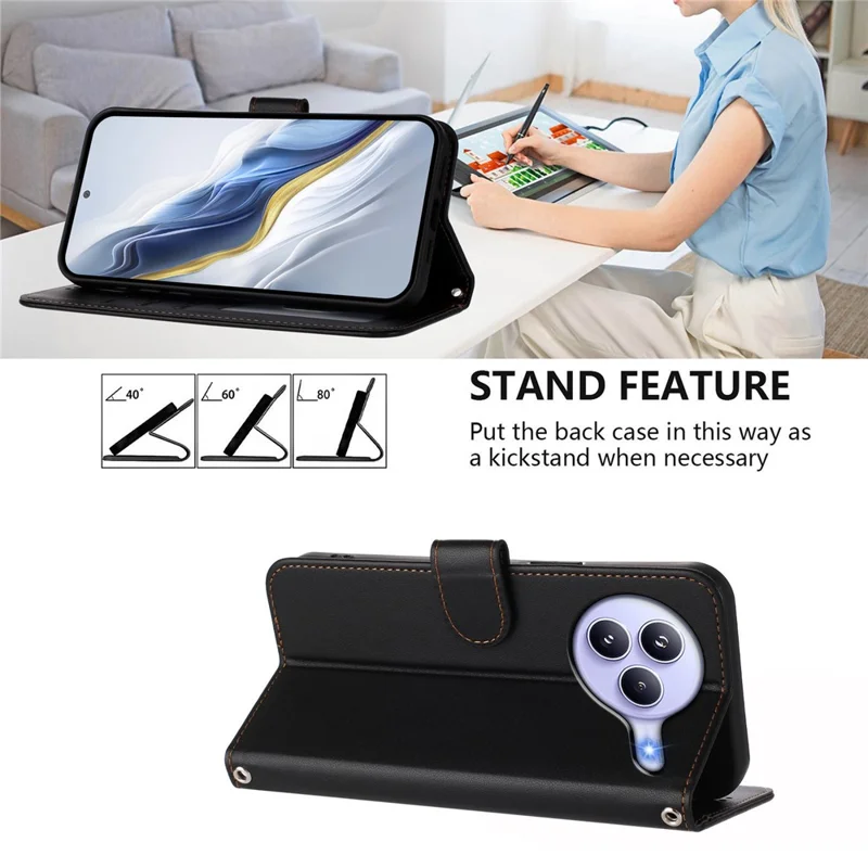 For Xiaomi Civi 5 Pro 5G Leather Case Wallet Stand Phone Cover with Wrist Strap - Black-Cellmalls