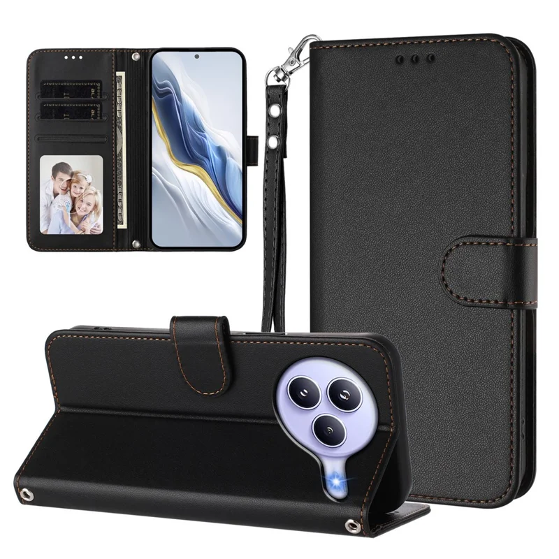 For Xiaomi Civi 5 Pro 5G Leather Case Wallet Stand Phone Cover with Wrist Strap - Black-Cellmalls