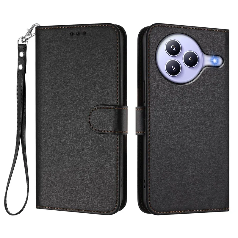 For Xiaomi Civi 5 Pro 5G Leather Case Wallet Stand Phone Cover with Wrist Strap - Black-Cellmalls