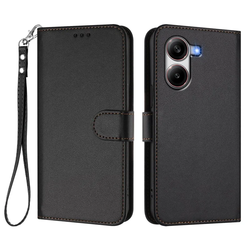 For Xiaomi Redmi Turbo 4 5G / Xiaomi Poco X7 Pro 5G Leather Case Wallet Stand Phone Cover with Wrist Strap - Black-Cellmalls