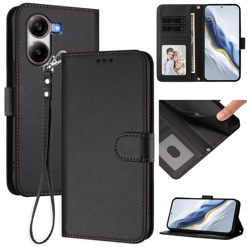 For Xiaomi Redmi Turbo 4 5G / Xiaomi Poco X7 Pro 5G Leather Case Wallet Stand Phone Cover with Wrist Strap - Black-Cellmalls