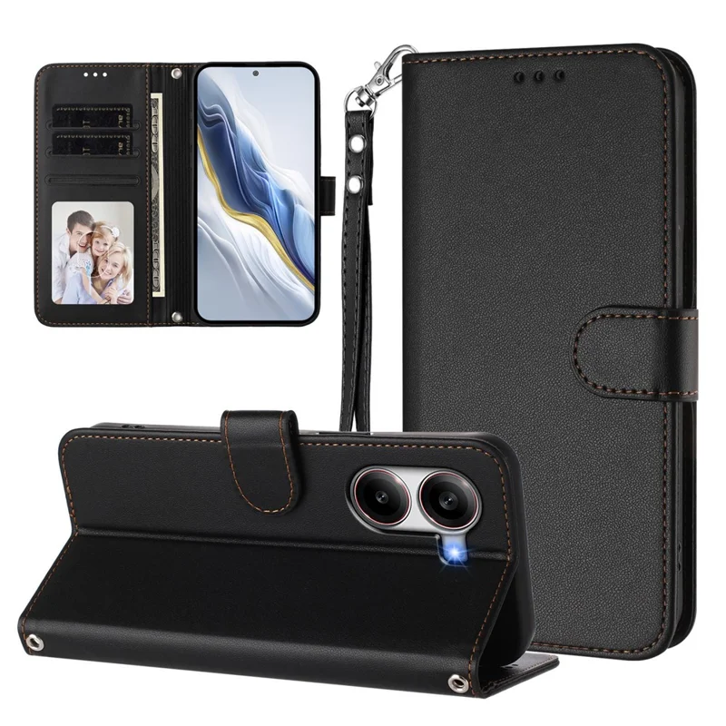 For Xiaomi Redmi Turbo 4 5G / Xiaomi Poco X7 Pro 5G Leather Case Wallet Stand Phone Cover with Wrist Strap - Black-Cellmalls