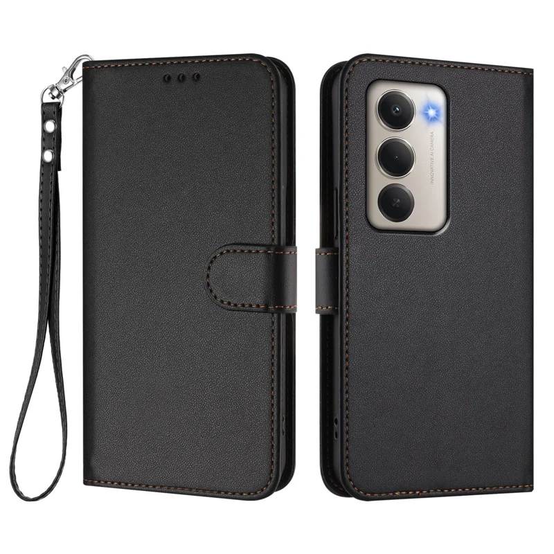 For Xiaomi Redmi 15 5G Leather Case Wallet Stand Phone Cover with Wrist Strap - Black-Cellmalls