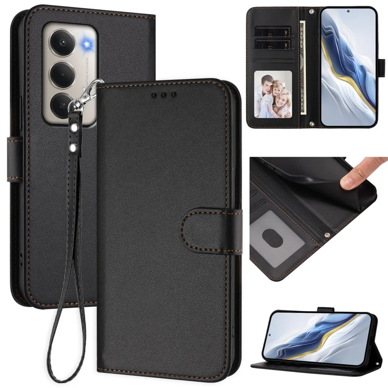 For Xiaomi Redmi 15 5G Leather Case Wallet Stand Phone Cover with Wrist Strap - Black-Cellmalls