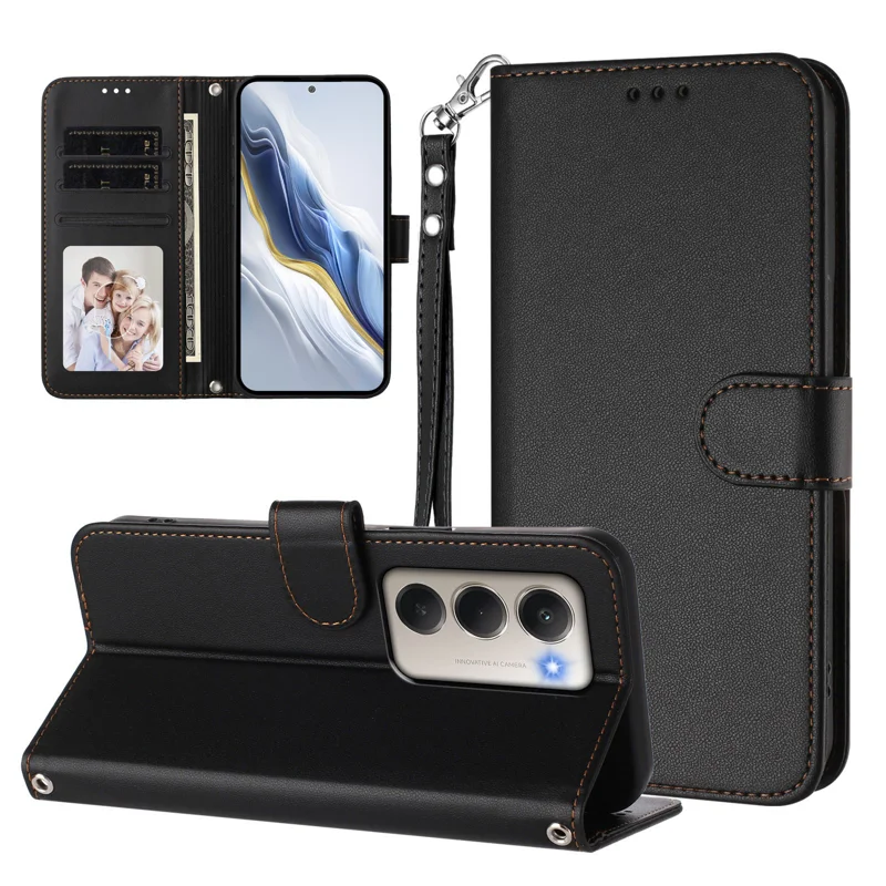 For Xiaomi Redmi 15 5G Leather Case Wallet Stand Phone Cover with Wrist Strap - Black-Cellmalls