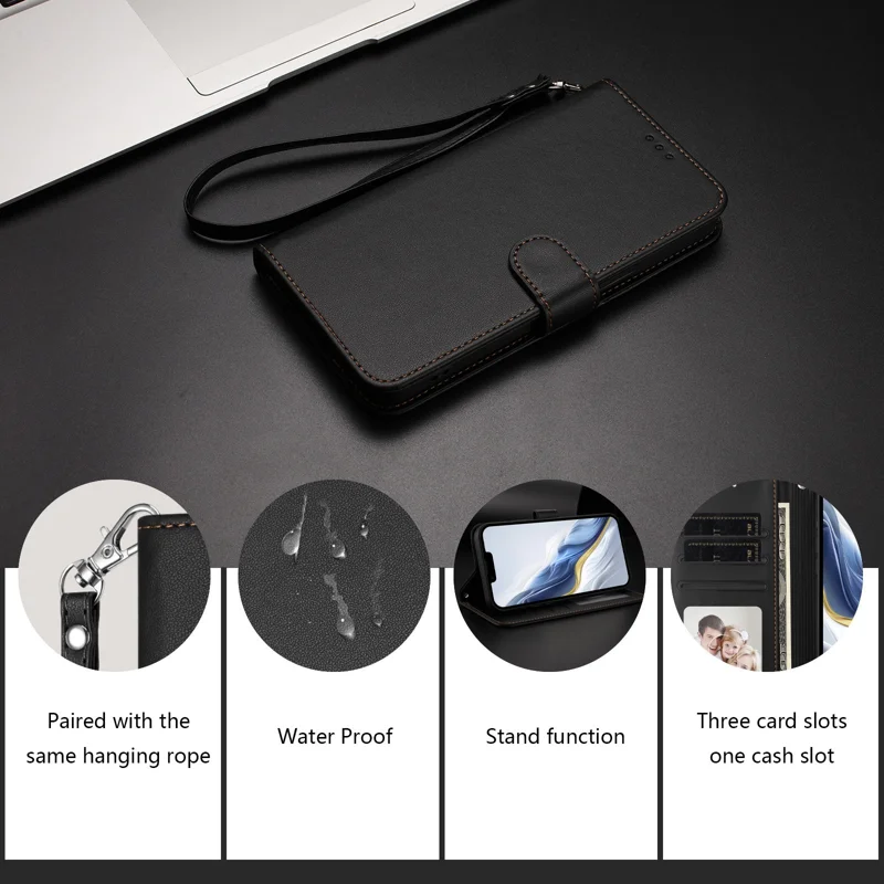For Xiaomi Redmi 15 5G Leather Case Wallet Stand Phone Cover with Wrist Strap - Black-Cellmalls