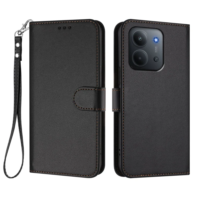 For Xiaomi Redmi 15C 4G (Global) (171mm) / Poco C85 4G Leather Case Wallet Stand Phone Cover with Wrist Strap - Black-Cellmalls