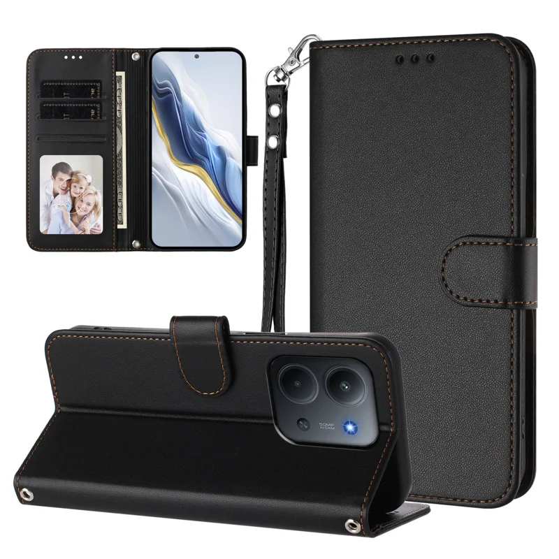 For Xiaomi Redmi 15C 4G (Global) (171mm) / Poco C85 4G Leather Case Wallet Stand Phone Cover with Wrist Strap - Black-Cellmalls