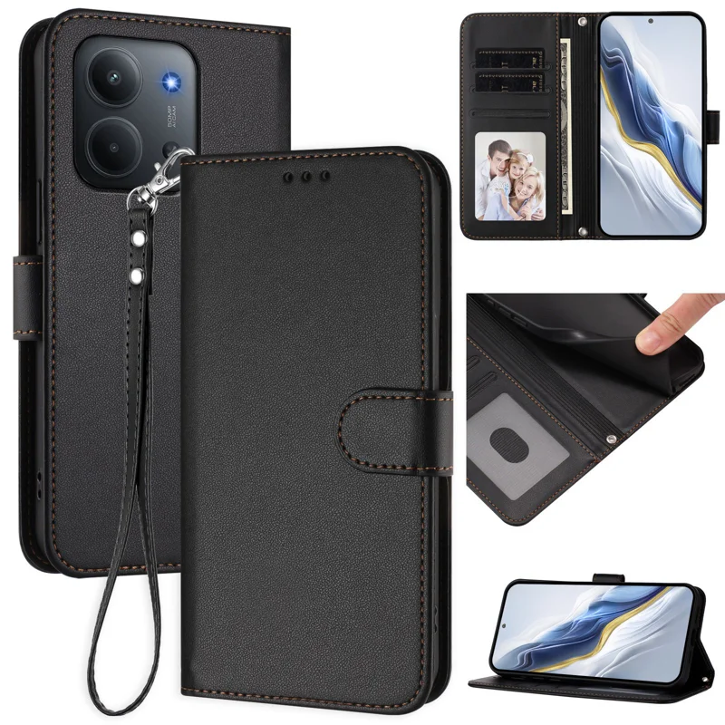 For Xiaomi Redmi 15C 4G (Global) (171mm) / Poco C85 4G Leather Case Wallet Stand Phone Cover with Wrist Strap - Black-Cellmalls