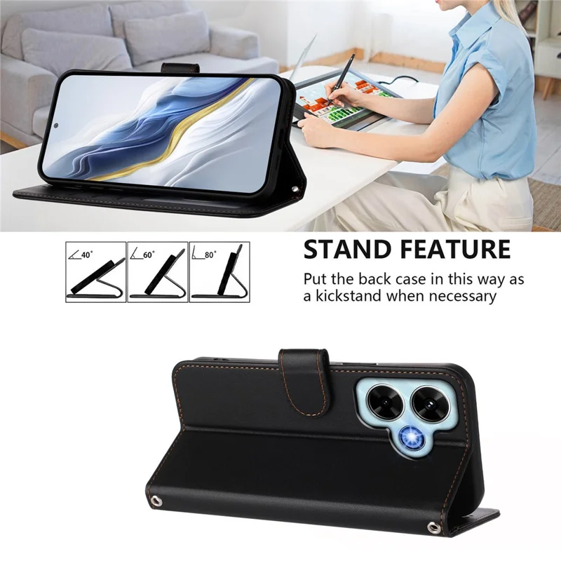 For Xiaomi Redmi Note 13 4G Leather Case Wallet Stand Phone Cover with Wrist Strap - Black-Cellmalls