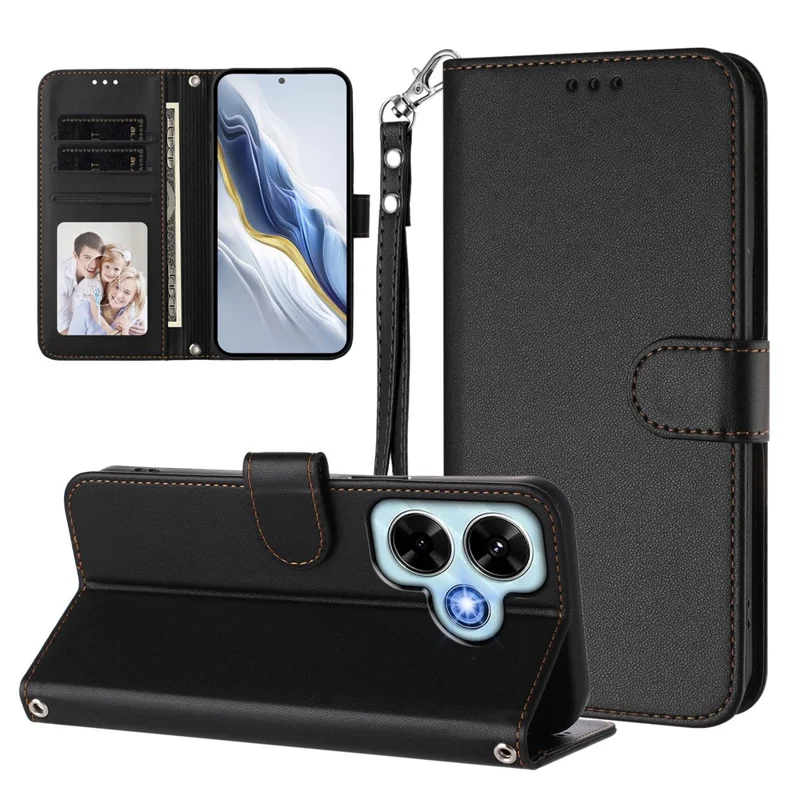 For Xiaomi Redmi Note 13 4G Leather Case Wallet Stand Phone Cover with Wrist Strap - Black-Cellmalls
