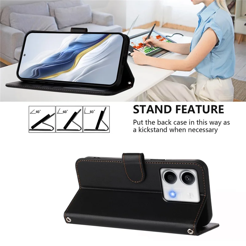 For Xiaomi Redmi Note 13 5G (China) / Xiaomi Redmi Note 13 5G Leather Case Wallet Stand Phone Cover with Wrist Strap - Black-Cellmalls