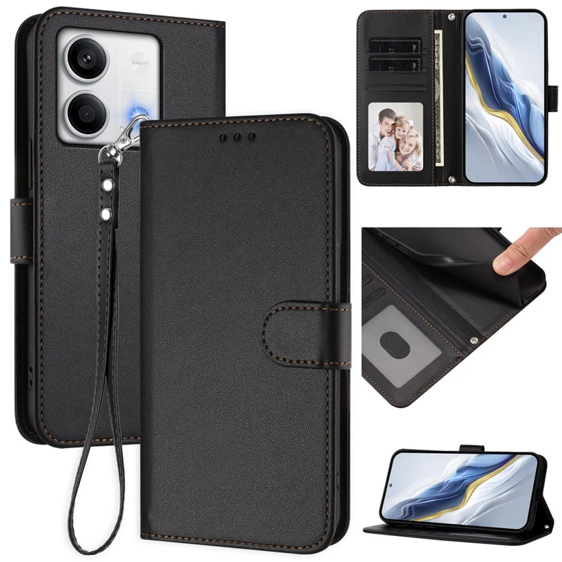 For Xiaomi Redmi Note 13 5G (China) / Xiaomi Redmi Note 13 5G Leather Case Wallet Stand Phone Cover with Wrist Strap - Black-Cellmalls