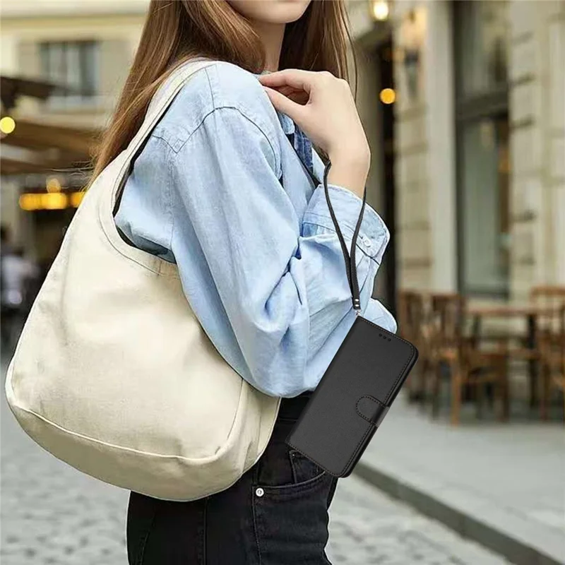 For Xiaomi Redmi Note 13 5G (China) / Xiaomi Redmi Note 13 5G Leather Case Wallet Stand Phone Cover with Wrist Strap - Black-Cellmalls