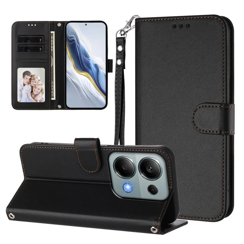 For Xiaomi Poco M6 Pro 4G / Xiaomi Redmi Note 14S 4G / Xiaomi Redmi Note 13 Pro 4G Leather Case Wallet Stand Phone Cover with Wrist Strap - Black-Cellmalls
