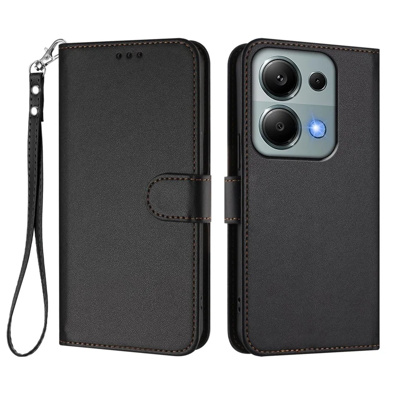 For Xiaomi Poco M6 Pro 4G / Xiaomi Redmi Note 14S 4G / Xiaomi Redmi Note 13 Pro 4G Leather Case Wallet Stand Phone Cover with Wrist Strap - Black-Cellmalls