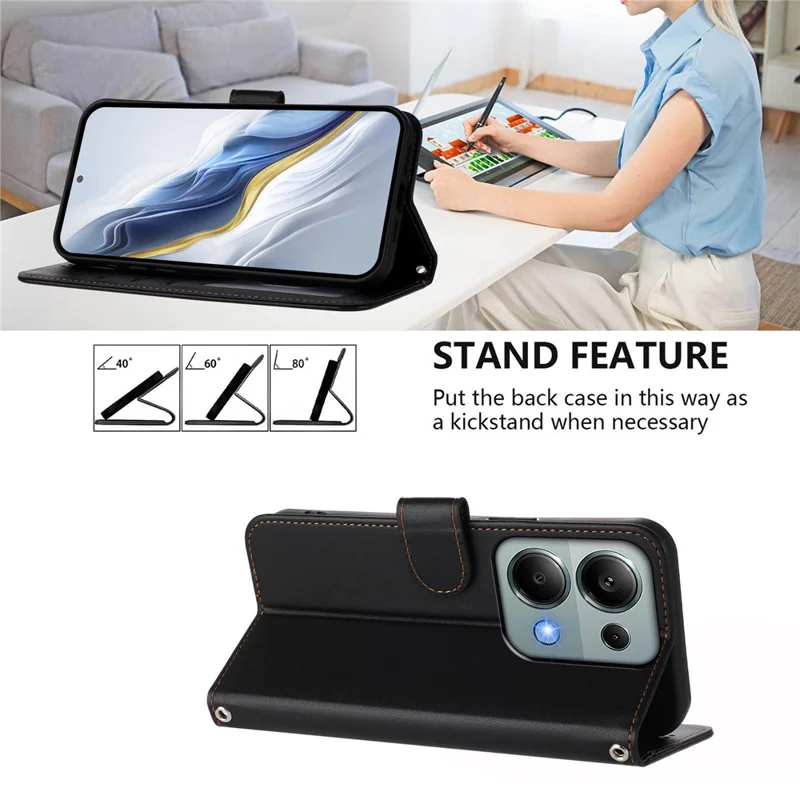 For Xiaomi Poco M6 Pro 4G / Xiaomi Redmi Note 14S 4G / Xiaomi Redmi Note 13 Pro 4G Leather Case Wallet Stand Phone Cover with Wrist Strap - Black-Cellmalls