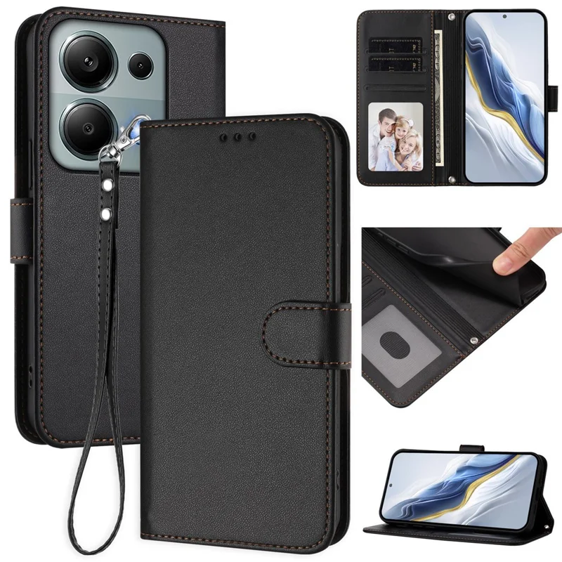 For Xiaomi Poco M6 Pro 4G / Xiaomi Redmi Note 14S 4G / Xiaomi Redmi Note 13 Pro 4G Leather Case Wallet Stand Phone Cover with Wrist Strap - Black-Cellmalls