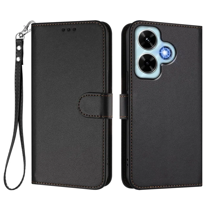 For Xiaomi Redmi Note 13 4G Leather Case Wallet Stand Phone Cover with Wrist Strap - Black-Cellmalls