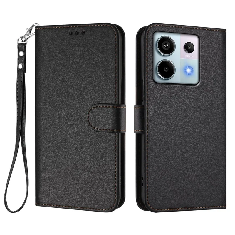 For Xiaomi Poco X6 5G / Xiaomi Redmi Note 13 Pro 5G Leather Case Wallet Stand Phone Cover with Wrist Strap - Black-Cellmalls