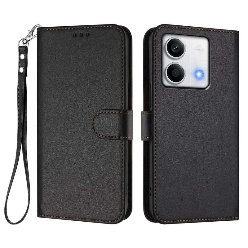For Xiaomi Redmi Note 13 5G (China) / Xiaomi Redmi Note 13 5G Leather Case Wallet Stand Phone Cover with Wrist Strap - Black-Cellmalls