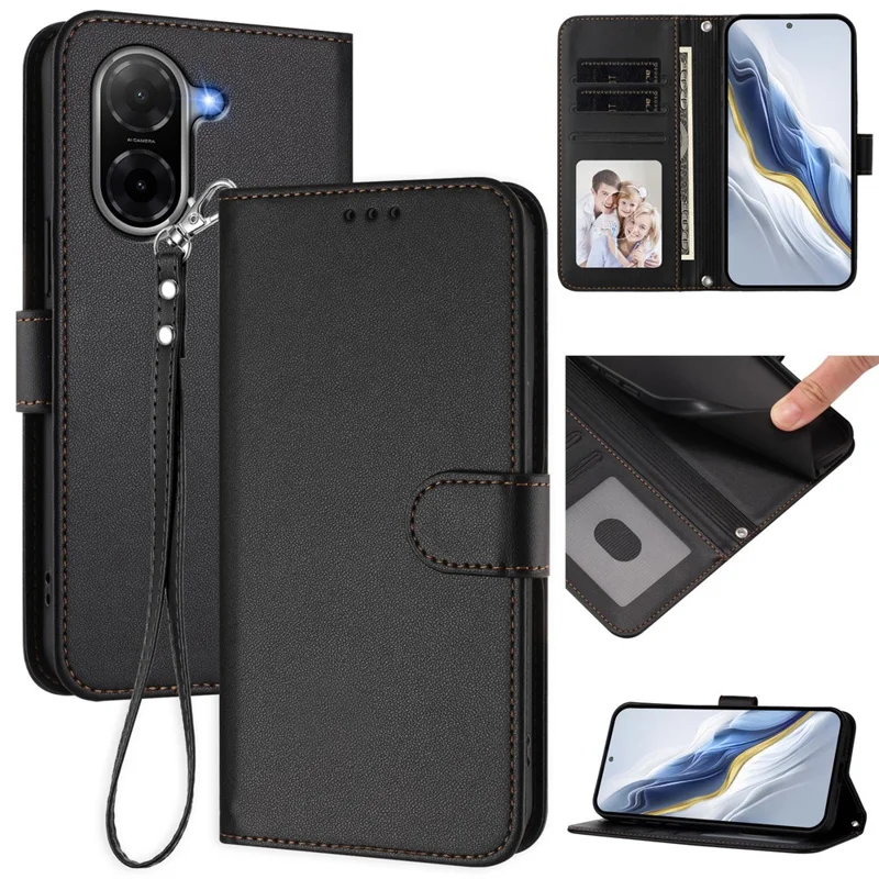 For Xiaomi Redmi A5 NFC (EU) (173.45mm) Leather Case Wallet Stand Phone Cover with Wrist Strap - Black-Cellmalls