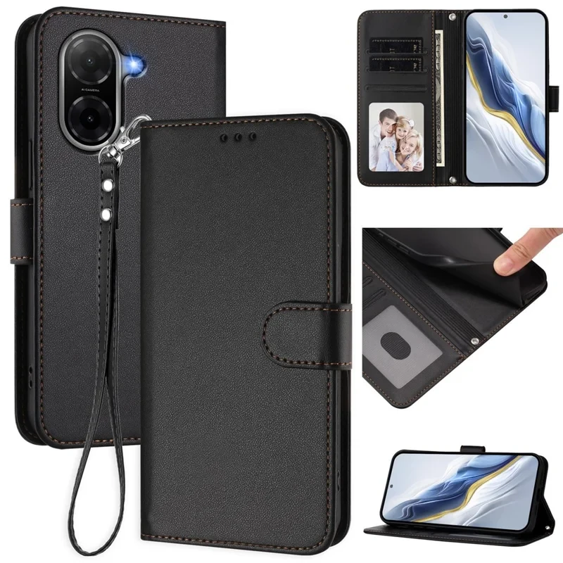 For Xiaomi Redmi A5 NFC (EU) (173.45mm) Leather Case Wallet Stand Phone Cover with Wrist Strap - Black-Cellmalls