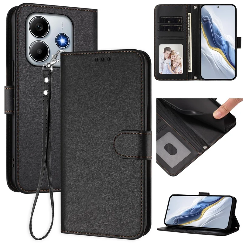 For Xiaomi Redmi Note 14 4G (163.25x76.55x8.16mm) Leather Case Wallet Stand Phone Cover with Wrist Strap - Black-Cellmalls