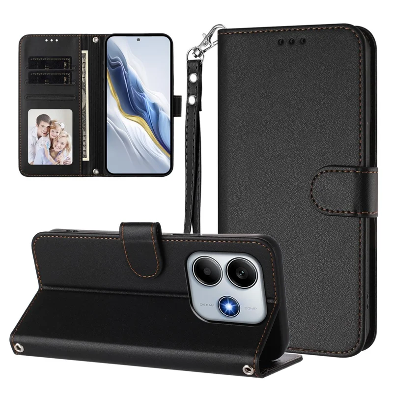 For Xiaomi Redmi Note 14 4G (163.25x76.55x8.16mm) Leather Case Wallet Stand Phone Cover with Wrist Strap - Black-Cellmalls
