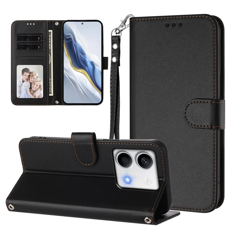 For Xiaomi Redmi Note 13 5G (China) / Xiaomi Redmi Note 13 5G Leather Case Wallet Stand Phone Cover with Wrist Strap - Black-Cellmalls